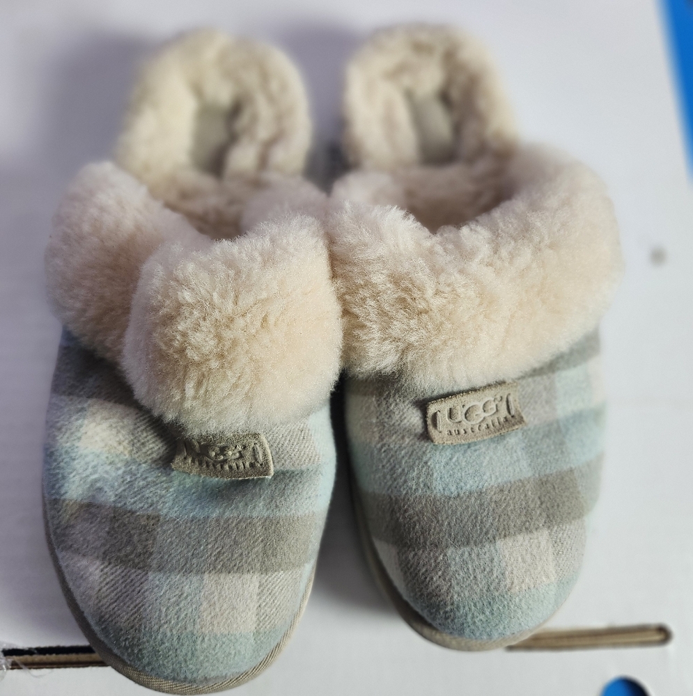 UGG Cream and Blue Checkered Slippers